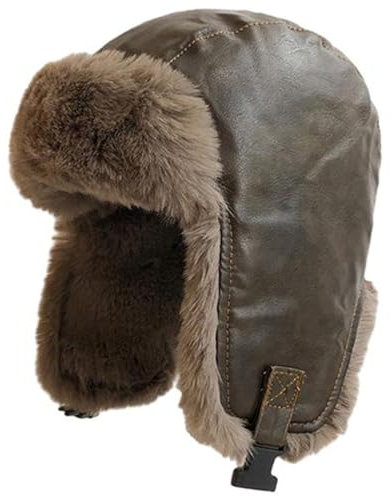 Reyox Unisex Fliegermütze Synthetisch Leder Winter Russische Mütze Aviatormütze Winddicht Braun 3