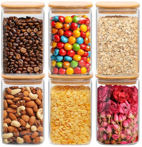 ComSaf 1.2 QT Glass Storage Containers with Lids, Glass Jars with Lids, Clear Food Jar, Square Canister Set of 6, Pantry Organizers and Storage for Cookie Flour Oat Pasta Tea Coffee Bean