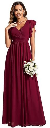 Ever-Pretty Robe de Soirée Dos Nu pour Femme Manches Volantées Mousseline Col V Plissé Robe de Demoiselle d'honneur Longue Élégante ES01818
