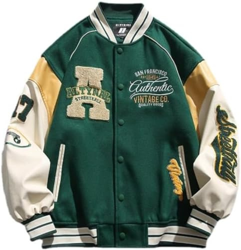 Vagbalena Herren Damen Y2K Letter gespleißt Baseball Varsity College Jacke Unisex Campus Jacke Regular Fit Casual Biker Baseball Jacke (Grün,XL)