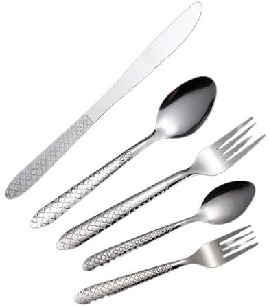 FIOLIRTL Set De Couvert 5 Pièces En Acier Inoxydable Ensemble De Couverts Série D’Écailles De Poisson Ménage Steak Cuillère De Couverts Argent