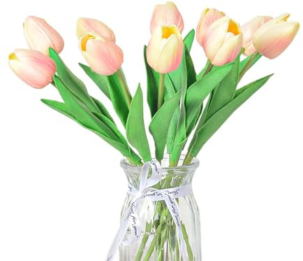 loyliawa Artificial Flowers,Fake Flowers,Artificial plants indoor, 10Pcs Artificial Tulip Flower with Stem Realistic Faux Flower Branch Fake Floral Arrangement Decoration Photo Prop Champagne