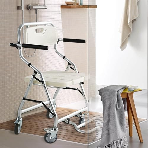 YAOYAOO Chaise Douche Handicapé Pliable, Roulette, Siège de Douche avec Accoudoirs et Repose-Pieds Rabattables, Imperméable et Antirouille, Facile à Nettoyer