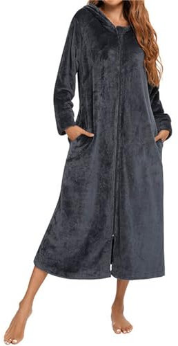 Generico Damen Bademantel Fleece mit Kapuze : Flanell Plüsch Pyjamas Weiche personalisierte Bademantel Frauen Baumwolle Plus Size Morgenmäntel für Haus Hotel Spa, grau, S