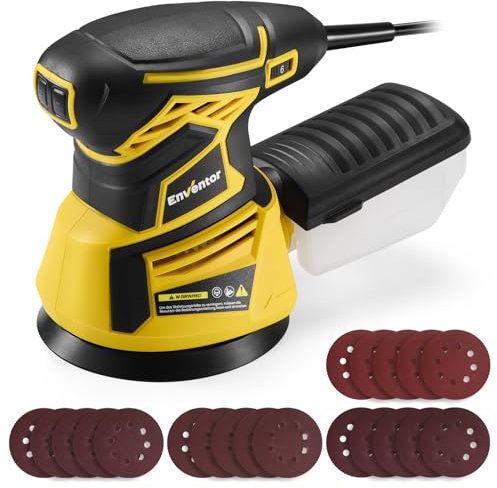Enventor Electric Orbital Sander, 350W 6000-13000RPM Random Orbital Sander, 6 Variable Speeds, with Dust Collection Box, 125MM 20PCS Sandpapers for Wood Sanding and Polishing
