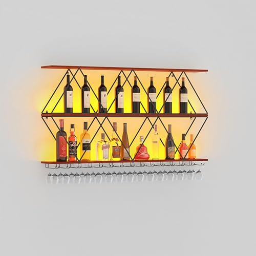 Weinregal Wand Metall mit Licht Flaschenregal Schmal Wine Rack Bar Regal Wand Weinschrank Barschrank Weinständer mit Weinglashalter Getränke Regal Vitrine Hängend für Hausbar Bartheke Küche Esszimmer