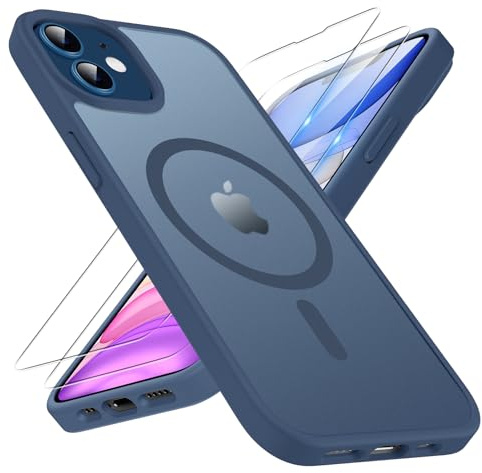TQIAHF Magnetic Phone Case Cover for iPhone 11,Blue | with 2 Tempered Glass Screen Protector Compatible with MagSafe Military Grade Shockproof Protective Slim Translucent Matte