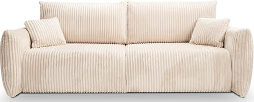 WFL GROUP 3-Sitzer Schlafsofa Agnes mit Bettkasten – Skandinavisches Sofa mit Schlaffunktion und Bettfunktion, Polstergarnitur mit schwarzen Beinen – Cord Sofa - Creme