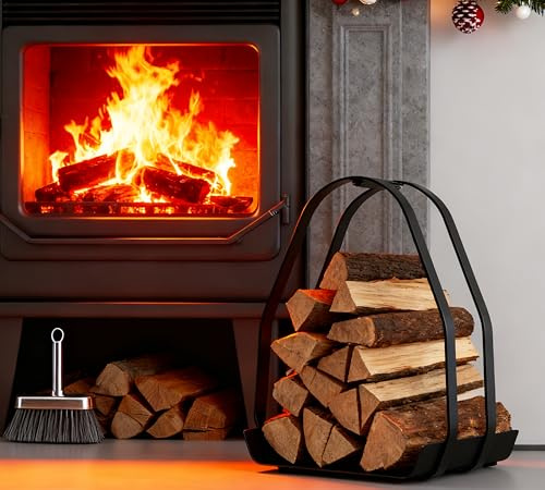 Kingson Fireplace Log Basket – Black Powder-Coated Metal Firewood Holder with Handle – 36×35×48cm – Iron Frame and Base – Flat Pack, Assembly Required