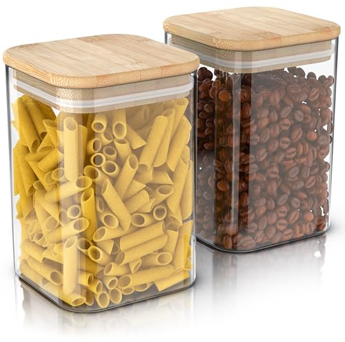 Arendo - Vorratsgläser mit Deckel 1200ml - 2er Set - Behälter aus Glas – hitzebeständig – Vorratsdosen/Vorratsbehälter mit Bambusdeckel - luftdicht - für Müsli Zucker Mehl Kaffee Reis