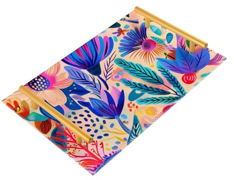 Bandeja decorativa para bebidas con ilustraciones de flores vibrantes con asas, para mesa de café, joyas, perfumes, mesa, servir charolas para servir comida