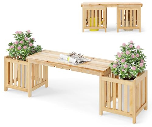 COSTWAY Jardinières en Bois de Sapin 2 en 1, Banc de Jardin pour 2 Personnes avec 2 Bacs à Fleurs Latéraux, Conception à Fentes pour Un Assemblage Facile, pour Terrasse Jardin, Naturel