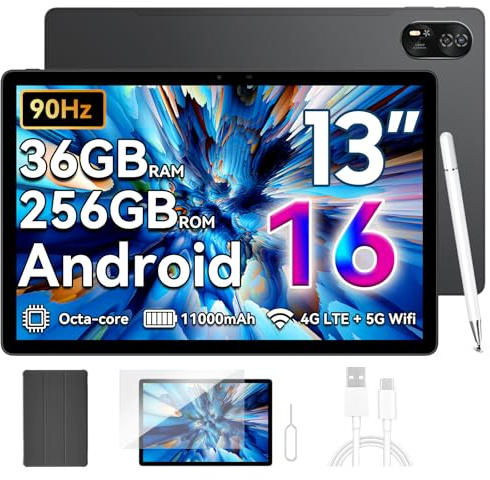 Blackview Android 16 Tablet 13 Zoll MEGA8,36GB RAM+256GB ROM,90Hz 2K FHD Großes Display,Gaming Tablet PC,Octa Core T620,50MP+13MP Dual AI Camera,11000mAh Akuu,4G LTE+5G WiFi/GPS/WideVine L1/Face ID
