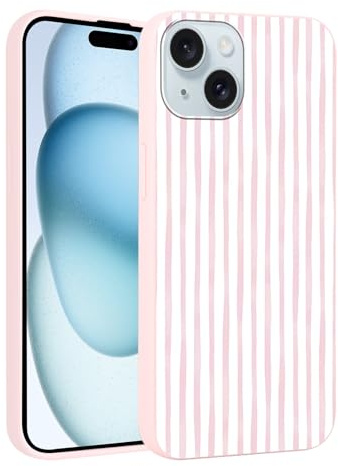 Yirlbey Estivi Cover per iPhone 15 Plus 6,7'', Custodia Rosa e Bianco Stripes Striped Disegno Motivo Aesthetic Summer per Ragazza Antiurto Rosa Silicone Morbido TPU Cellulare Protezione Case, Righe