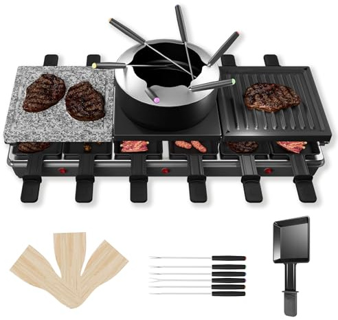 LARS360 Raclette Fondue Kombi für 12 Personen, Elektro Tischgrill Fondueset mit Naturgrillstein, Antihaft-Grillplatte und Hot Pot, Fondue Elektrisch inkl. 12 Pfännchen 12 Schabern & 6 Gabeln(Typ B)