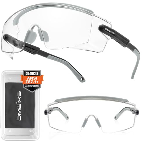 Dmeixs Clear Safety Glasses Over Eyeglasses with Anti Fog Scratch Wrap Around Lens — Adjustable Temples with Anti-Slip Tips — ANSI Z87.1 Safety Goggles with 100% UV Shielding for Youth, Men Women