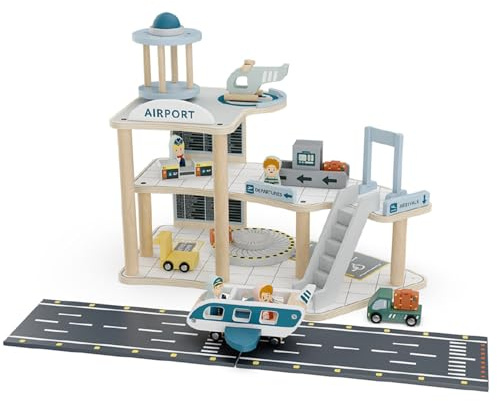 howa Spielzeug Flughafen Holz mit Flugzeug & Hubschrauber 7018 | Flugzeugspielset mit Landebahn, Tower, Fahrzeugen & 4 Spielfiguren, Holzspielzeug Set inkl. 18-teiligem Zubehör