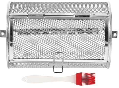 INOOMP Grillkorb aus Edelstahl mit Bürste Küchenofenkorb für Heißluftfritteuse und Backofen Vergitterter Käfig zum Trocknen und Rösten von Mandeln und Pommes Silberfarbig Zufällige Farbe