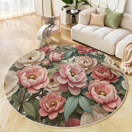 ALTCIRNMD Dichte Pfingstrosenblüten Rosafarbenes Weiß Weicher Runder Kurzflor-Teppich Realistische Illustration Für Wohnzimmer & Schlafzimmer,Einfache Pflege,Heimbüro-Dekoration,80Cm Durchmesser