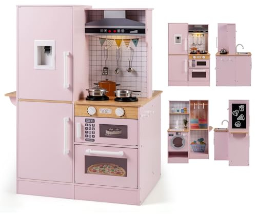 COSTWAY Kinderküche, Holz Spielküche mit Licht und Sound, Doppelseitige Spielzeugküche mit Kleiderbügel, Dunstabzugshaube, Mikrowelle & Kochgeschirr, Holzküche für Kinder ab 2 Jahren (Rosa)