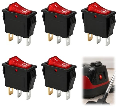 5PCS Interrupteurs à Bascule Lumineux Rouge,Interrupteur ON/OFF SPST 3 Broches pour Usage Industriel et Domestique, Compatible AC 250V/15A et 125V/20A, Modèle KCD3-101 ﻿ (Red)