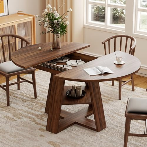 Hawthyhome rund Esstisch Ausziehbar für 4-8 Personen, 110-150cm Wohnzimmertisch Erweiterbar mit Teleskopfunktion, Platzsparender küchentisch Esszimmer Wohnzimmer, Modernes Industrie, Walnuss-Optik