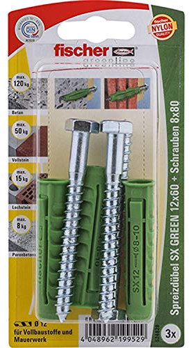 Fischer Spreizdübel SX Green 12x60 S K, Inhalt: 3 x Dübel, 3 x 6-kt-Schraube 8 x 80, 524828