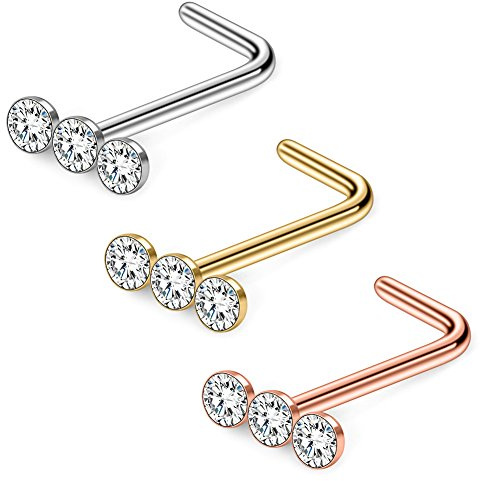 Ruifan 3PCS 20G 316L Surgical Steel Triple Linear Gem Clear CZ Curved Nose Stud Ring L Shaped Piercing Jewelry - Mix Color