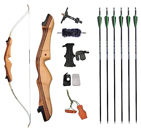 AMEYXGS Bogenschießen 68 Takedown Bogen Recurve Bogen Set Holz Longbogen 16-38lbs mit Kohlenstoffpfeile Stabilizer Sight Pfeilauflage für die Jagd (36lbs)