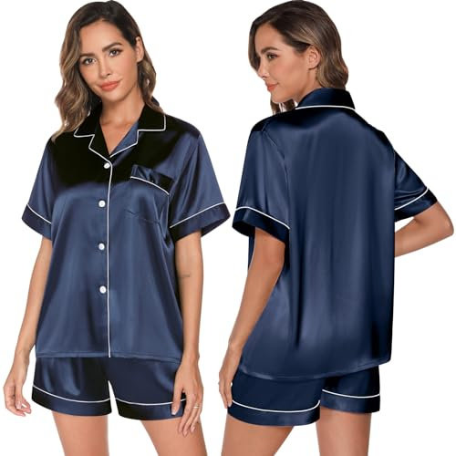 GAESHOW Dampyjamasset, satin, siden, kortärmad, knappset, sovkläder, loungewear, tvådelad, storlek S–2XL, Mörkblå, L