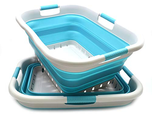 SAMMART 41L 2er-Set Faltbarer 3-Griff-Wäschekorb aus Kunststoff - Faltbarer Pop-up-Aufbewahrungsbehälter/Organizer - Tragbare Waschwanne - Platzsparender Korb/Korb (Grau/Hellblau, 2)