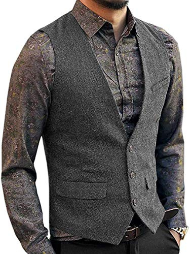 Zeattall Kostymväst för män, tweed, ull, enkelknäppt, smal passform, väst, GRÅ, L