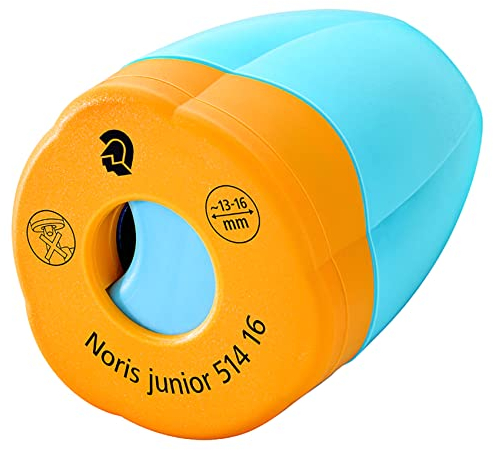 STAEDTLER Spitzdose Noris junior, für dicke Stifte, konische Form für alle Handgrößen, duales Spitzen, Spitzdose auf Blisterkarte in türkis-sonnengelb, 514 16 BK