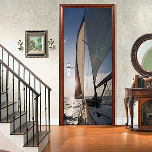 A.Monamour Türtapete Selbstklebend Türfolie Türposter 3D Yacht Segelt In Richtung Sonnenuntergang Meeres Thema Vinyl Folie Türdeko Tapete Wandbild Türaufkleber Türtattoo 90 x 200 cm
