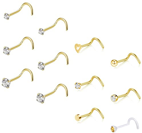 ZS 12 Pcs 20G Kubik Zirkonia Nase Ringe Stud Korkenzieher L-förmig Gold | Chirurgischer Stahl Silber Nase Piercing Schmuck, hypoallergene CZ Herz Kugel Nase Piercing Schmuck für Frauen Männer