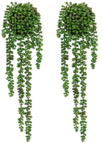 2pcs Künstliche Pflanzen Hängend 53cm, Kunstpflanzen Wie Echt Deko Pflanze Künstliche im Topf, Künstlich Sukkulenten Kunstpflanze Hängend, Plastik Pflanzen für Schlafzimmer Wohnzimmer Deco Büro Küche