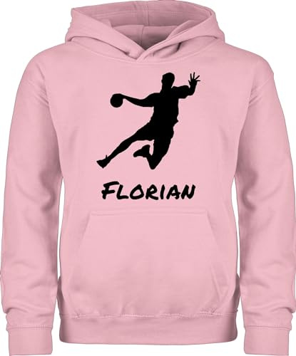 Kinder Hoodie Jungen Mädchen - Geschenke Handball - Handballer Silhouette mit Name - 152 (12/13 Jahre) - Hellrosa - zubehör für Pulli von persönlich Pullover wm personalisiertes Kapuzenpulli