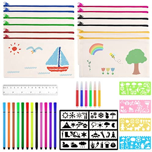 12 PCS DIY Pochette Tissu Zippée Trousse avec 18 Crayons Aquarelle et 12 Gabarits, 12 x 21cm Toile Trousse de Rangement, Personnalisable, DIY Vierge Pochette Tissu pour Voyage, Maquillage