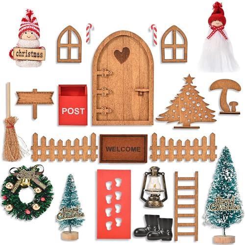 Tomtedörr tillbehör julset miniatyr älva dörr tomte dörr dekoration tomte komplett uppsättning gåvor för barn 23 stycken tomtetillbehör juldekoration små leksaker för pojkar och flickor