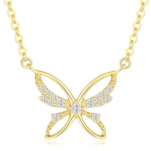 FANCIME Solide 14K 585 Gelb Gold Damen Kette mit Schmetterlings Anhänger Halskette Valentinstag Geschenkschmuck für Damen Mädchen, Echter Natürlicher Diamant, Verstellbar Kettenlänge: 40 + 5 cm