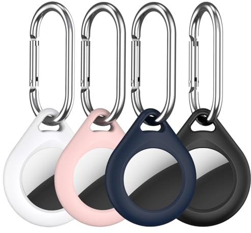 R-fun för -hållare, 4-pack Apple med metallnyckelring, flerfärgad skyddande silikon -fodral, nyckelring för bagage, hundkrage, nycklar – (svart, rosa, himmelsblå, grön)