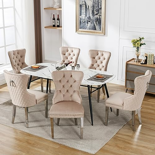 KecDuey Esszimmerstuhl,6er Set Wohnzimmerstuhl mit einzigartigem Türklopfer auf der Rückseite, Polsterstuhl mit Nagelkopfbesatz,Stützbeine aus Metall, Küchenstuhl Bezug aus Samt (Beige 6er Set)