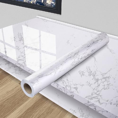Marble Sticky Back Plastic Roll 45cm X 5m Granite White Grey Vinyl Self Adhesive Contact Paper Self Adhesive Wallpaper Waterproof Flim Peel and Stick Kitchen Bathroom Countertop Furniture Stickers