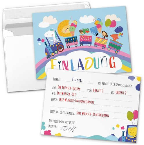 8 PERSONALISIERTE Einladungskarten Kindergeburtstag mit Umschlägen, Niedliche Tiere im Zug, Karte Geburtstag Einladung selbst gestalten mit Text