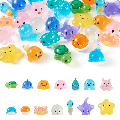 Pandahall 28Pcs Ocean Themed Mini Resin Figurines - Glow in The Dark Fish Turtles Crab Starfish Tiny Resin Ornament for Fish Tank Garden Party Decoration