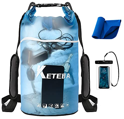 Ruayia Dry Bag - 2L, 5L, 10L, 20L wasserdichte Tasche mit Schultergurt und wasserfester Handyhülle, IPX8 Wasserdichter Packsack für Boot, Kajak, Angeln, Rafting, Schwimmen und Strand - Blau(5L)