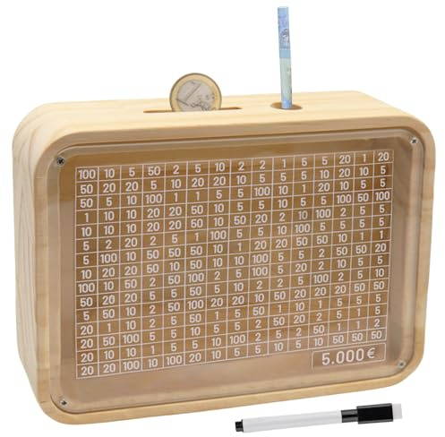 Spardose Holz, Sparbox Holz, Sparbox mit Zahlen Ankreuzen, Retro Sparbüchse mit Sichtfenster, Wiederverwendbare Spar Box, Sparschwein mit Sparziel, Spardose mit Sparziel für Erwachsene
