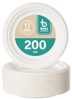 BEST PRODUCTS - 200 Platos Caña de Azúcar Desechables Ecológicos Biodegradables Compostables y Reciclables Para Fiestas Cumpleaños Comuniones Redondos Postre Blancos Ø 17 cm