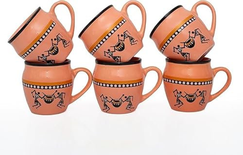 Handmade Traditional Kulhar Kulhad Chai Tea Coffee Mug Cup Cantaritos Set of 6 Glazed Earthenware Glossy Finish Clay Terracotta Artisanal Studio Pottery Mud Brown Food Safe Natural Rustic Eco-Friendly