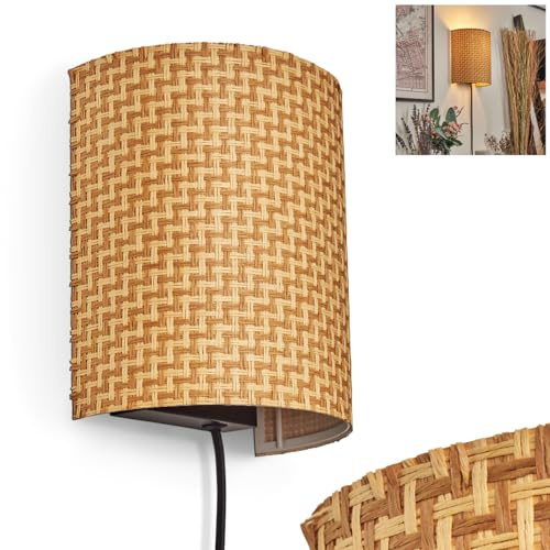 Wandleuchte Viadores, Wandlampe aus Metall/Bast in Schwarz/Natur, Leuchte im Boho-Design, Wandleuchte mit Stecker und Schalter, abnehmbares Kabel, UP & Down Lichteffekt, 1 x E27, ohne Leuchtmittel